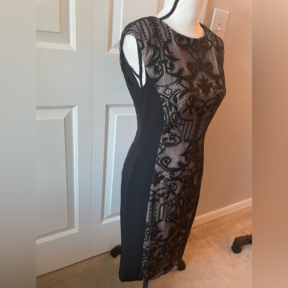 Maggy London Black Lace-Overlay Midi Sheath Dress - Picture 2 of 5
